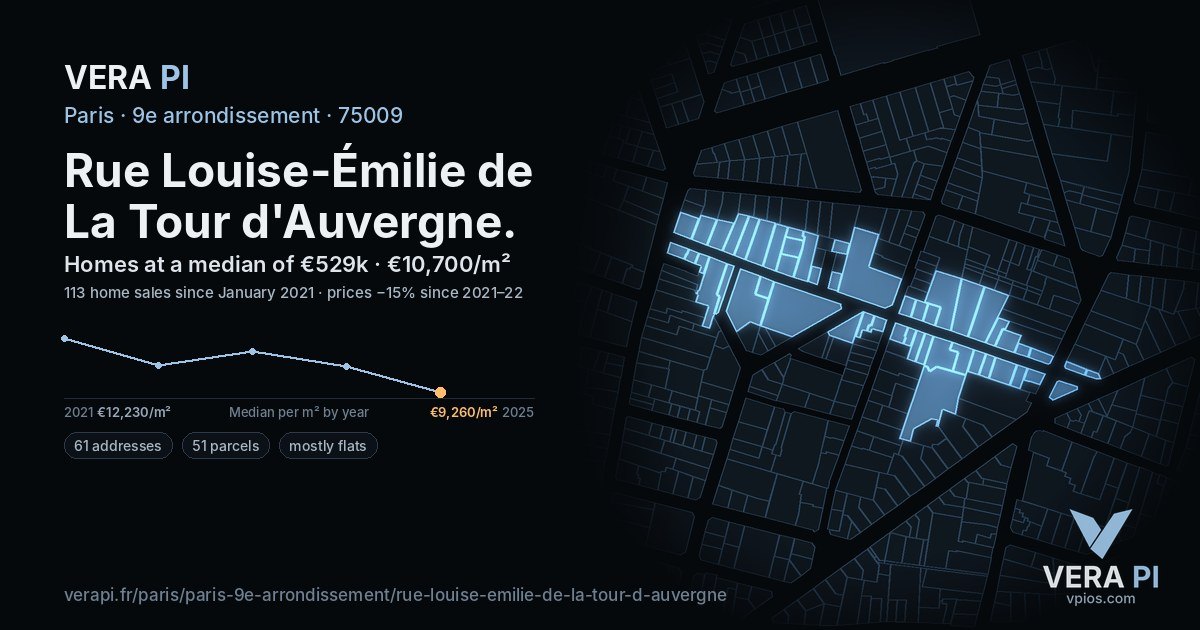 Rue Louise-Émilie de La Tour d'Auvergne, 9e arrondissement at night – every parcel coloured by the prices around it, the street's own parcels lit