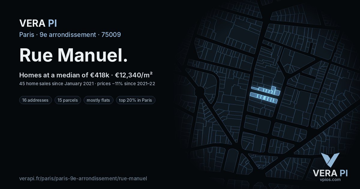 Rue Manuel, 9e arrondissement at night – every parcel coloured by the prices around it, the street's own parcels lit