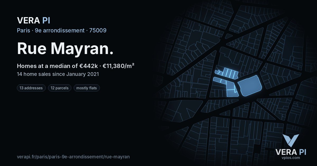 Rue Mayran, 9e arrondissement at night – every parcel coloured by the prices around it, the street's own parcels lit