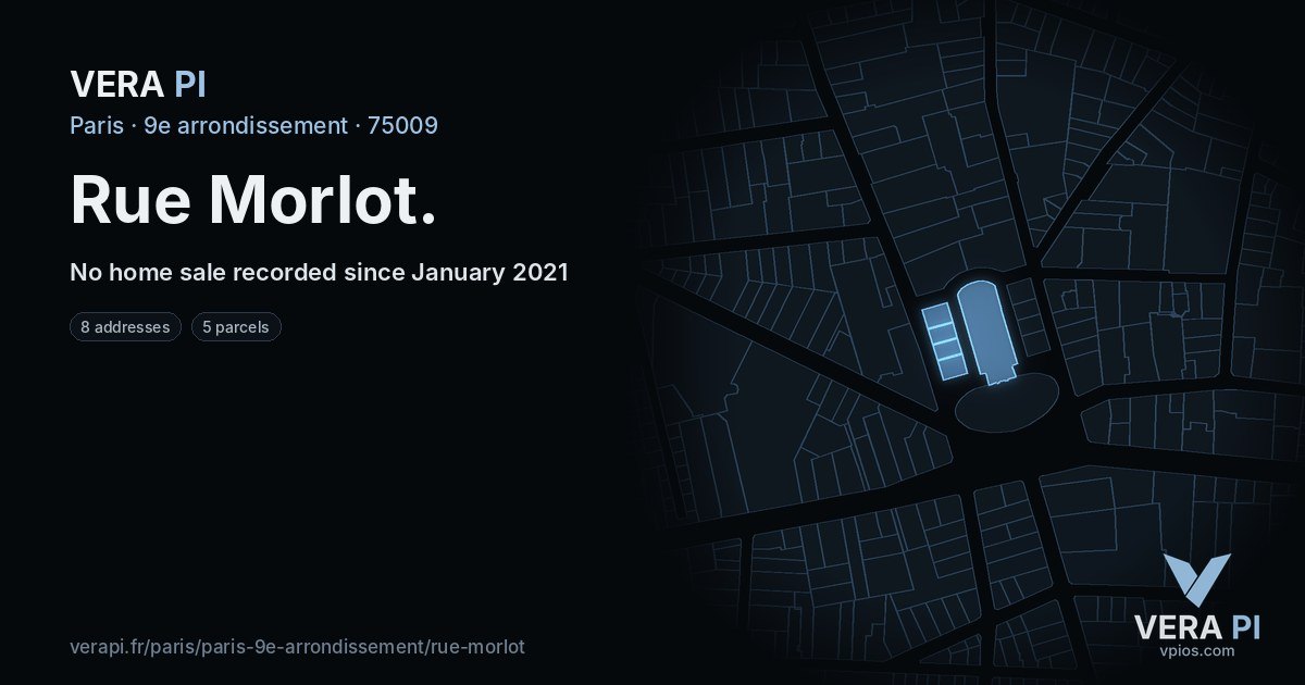 Rue Morlot, 9e arrondissement at night – every parcel coloured by the prices around it, the street's own parcels lit