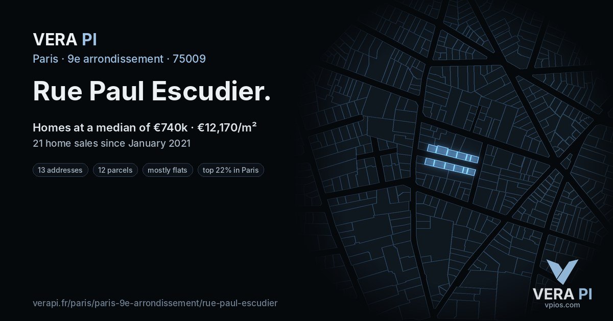 Rue Paul Escudier, 9e arrondissement at night – every parcel coloured by the prices around it, the street's own parcels lit