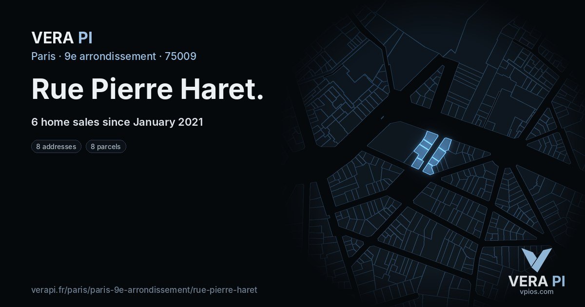 Rue Pierre Haret, 9e arrondissement at night – every parcel coloured by the prices around it, the street's own parcels lit