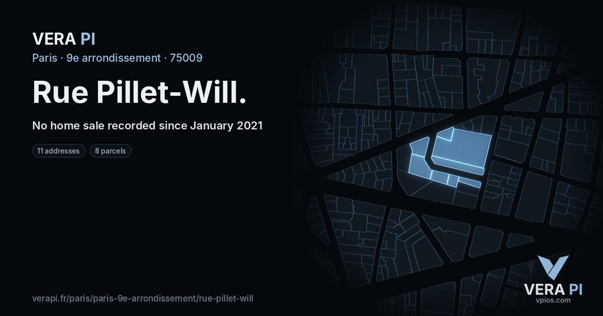 Rue Pillet-Will, 9e arrondissement at night – every parcel coloured by the prices around it, the street's own parcels lit