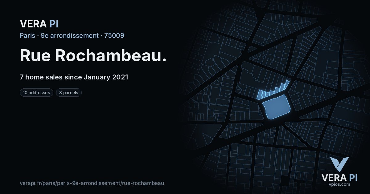 Rue Rochambeau, 9e arrondissement at night – every parcel coloured by the prices around it, the street's own parcels lit