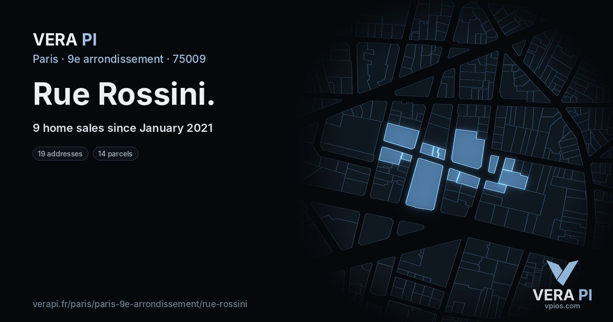 Rue Rossini, 9e arrondissement at night – every parcel coloured by the prices around it, the street's own parcels lit
