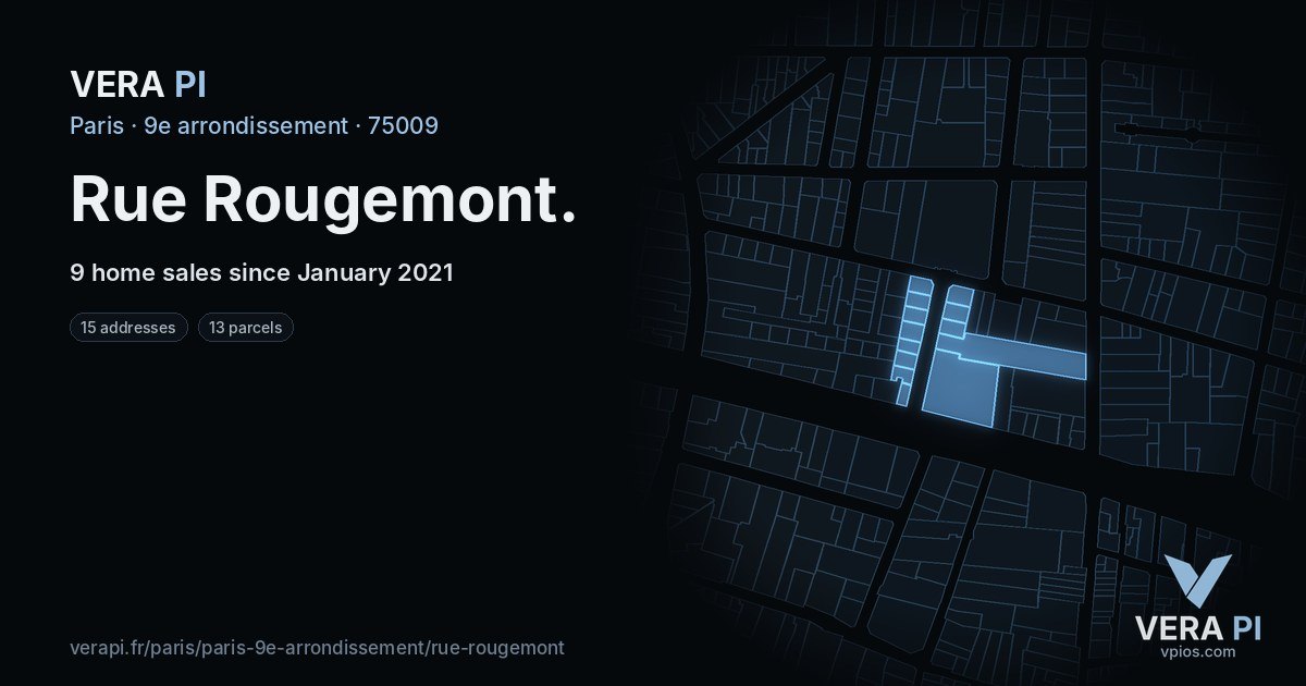 Rue Rougemont, 9e arrondissement at night – every parcel coloured by the prices around it, the street's own parcels lit