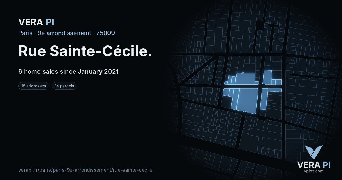 Rue Sainte-Cécile, 9e arrondissement at night – every parcel coloured by the prices around it, the street's own parcels lit