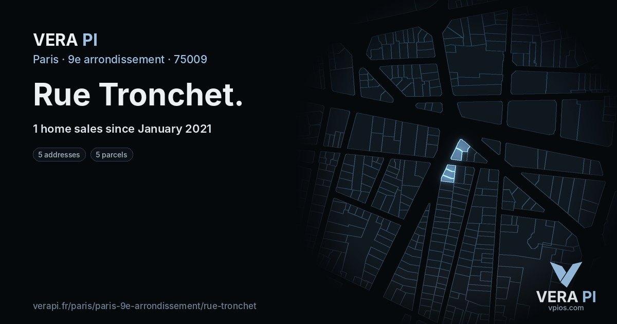 Rue Tronchet, 9e arrondissement at night – every parcel coloured by the prices around it, the street's own parcels lit