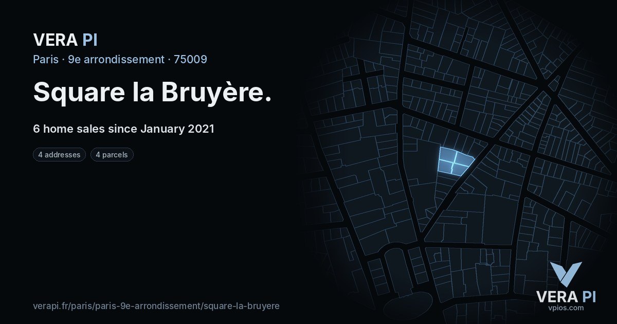 Square la Bruyère, 9e arrondissement at night – every parcel coloured by the prices around it, the street's own parcels lit