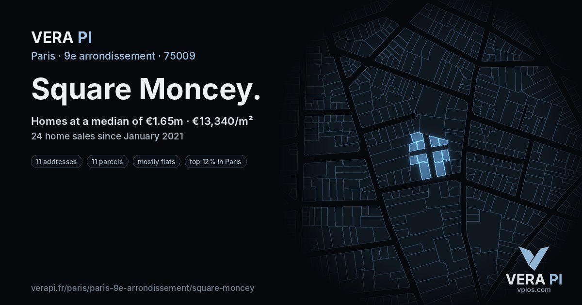 Square Moncey, 9e arrondissement at night – every parcel coloured by the prices around it, the street's own parcels lit