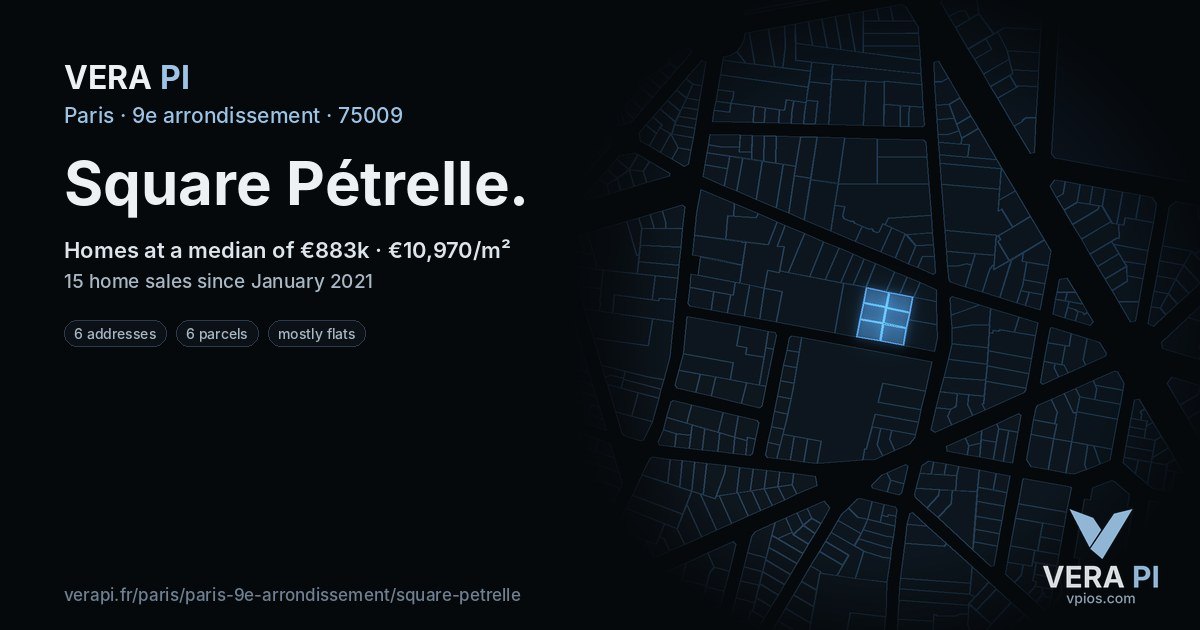 Square Pétrelle, 9e arrondissement at night – every parcel coloured by the prices around it, the street's own parcels lit