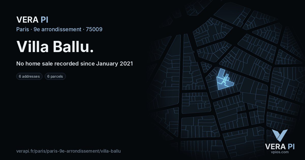 Villa Ballu, 9e arrondissement at night – every parcel coloured by the prices around it, the street's own parcels lit