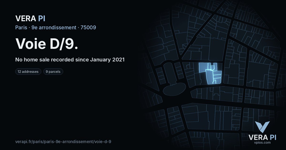 Voie D/9, 9e arrondissement at night – every parcel coloured by the prices around it, the street's own parcels lit