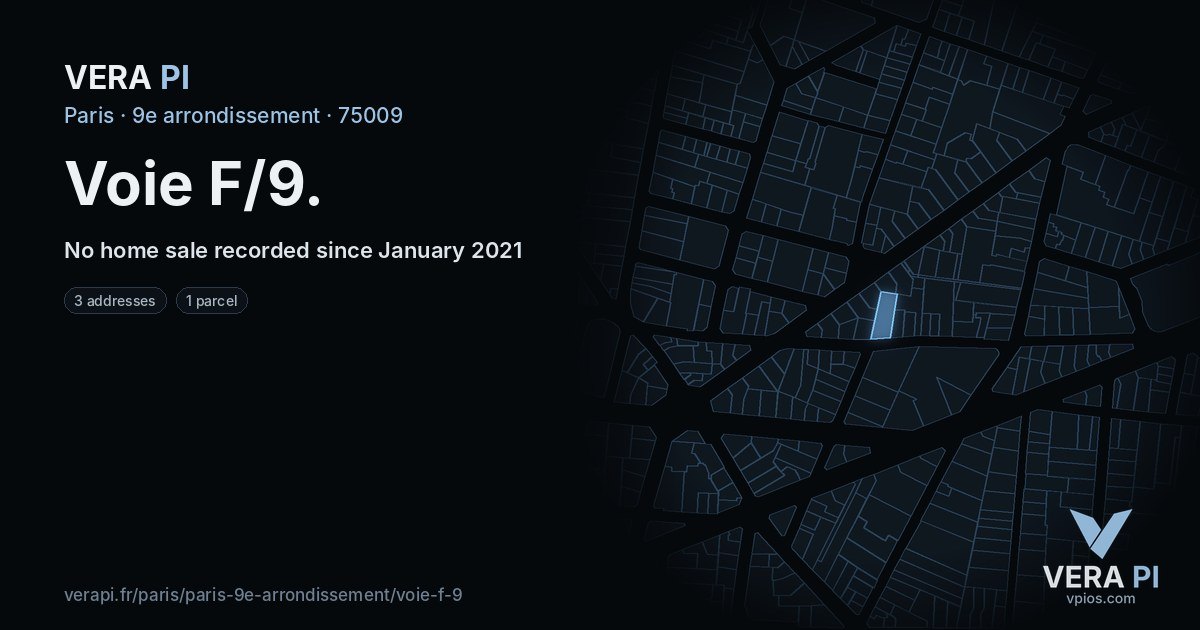 Voie F/9, 9e arrondissement at night – every parcel coloured by the prices around it, the street's own parcels lit