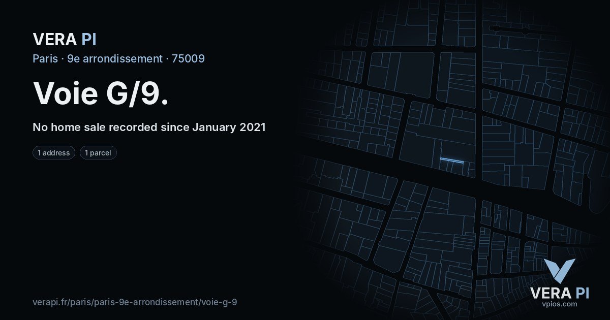 Voie G/9, 9e arrondissement at night – every parcel coloured by the prices around it, the street's own parcels lit
