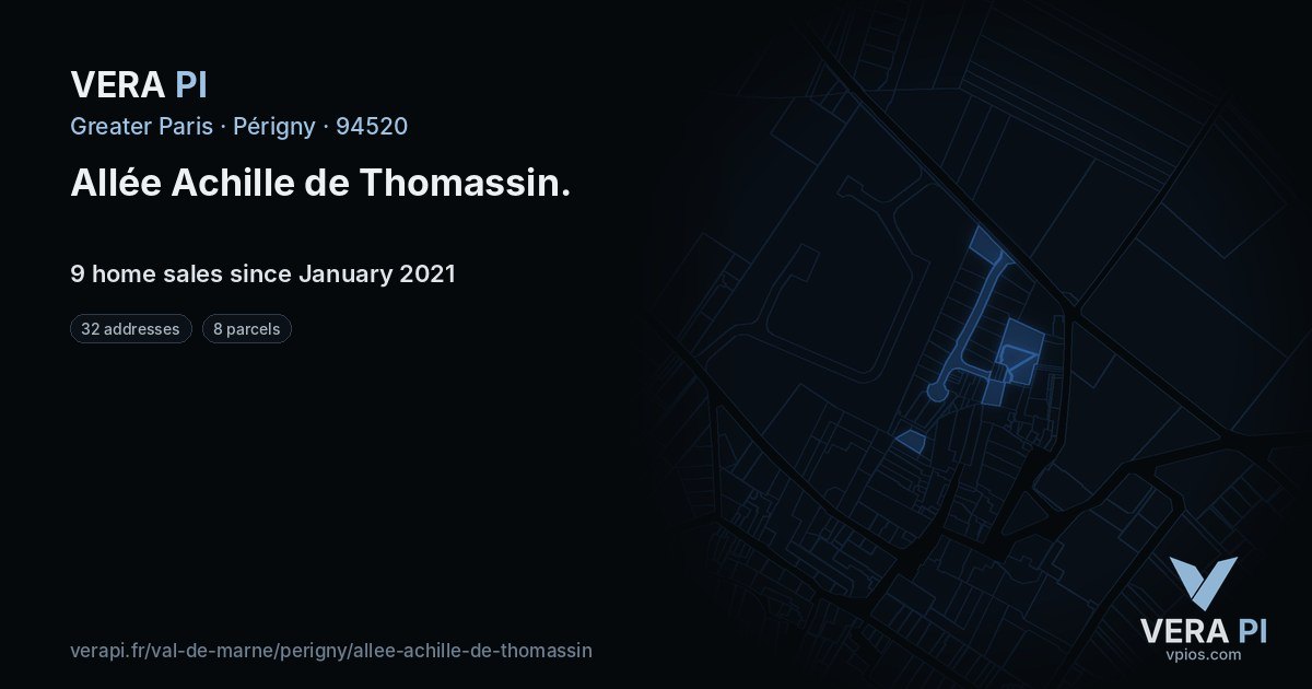 Allée Achille de Thomassin, Périgny at night – every parcel coloured by the prices around it, the street's own parcels lit
