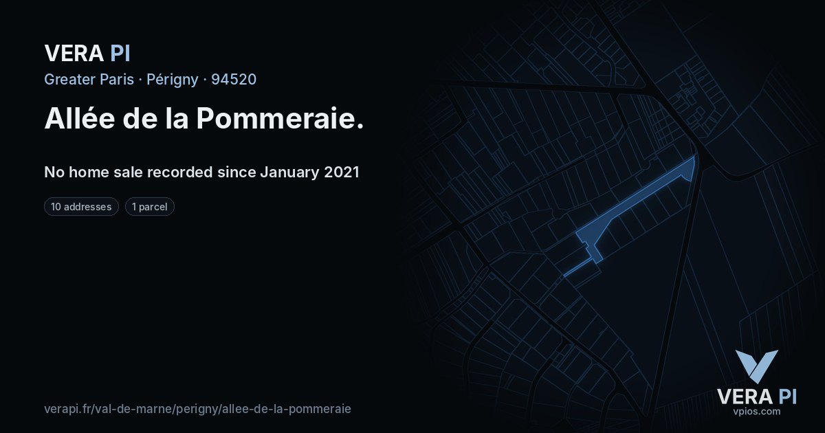 Allée de la Pommeraie, Périgny at night – every parcel coloured by the prices around it, the street's own parcels lit