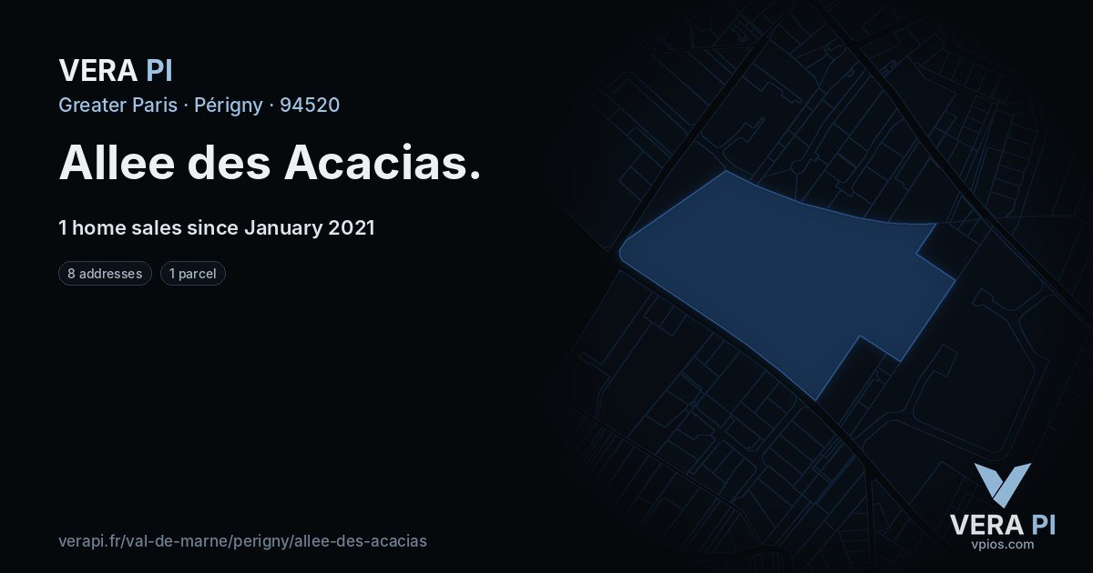 Allee des Acacias, Périgny at night – every parcel coloured by the prices around it, the street's own parcels lit