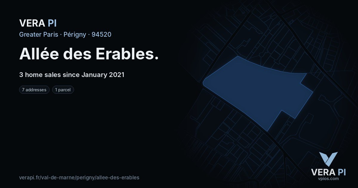 Allée des Erables, Périgny at night – every parcel coloured by the prices around it, the street's own parcels lit