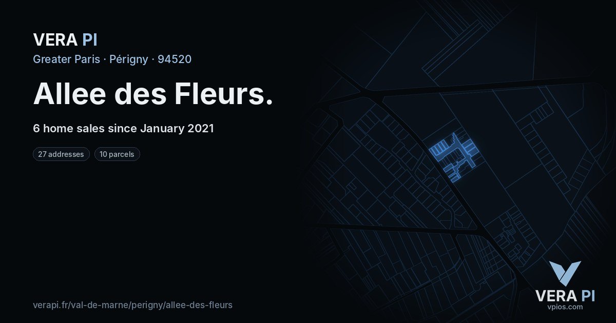 Allee des Fleurs, Périgny at night – every parcel coloured by the prices around it, the street's own parcels lit