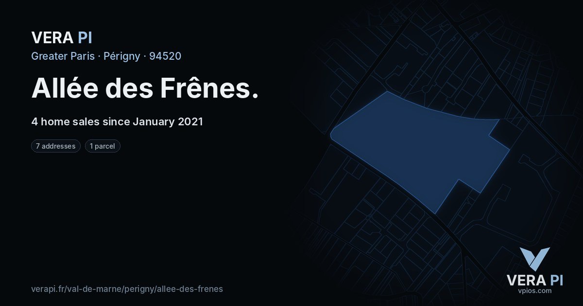 Allée des Frênes, Périgny at night – every parcel coloured by the prices around it, the street's own parcels lit