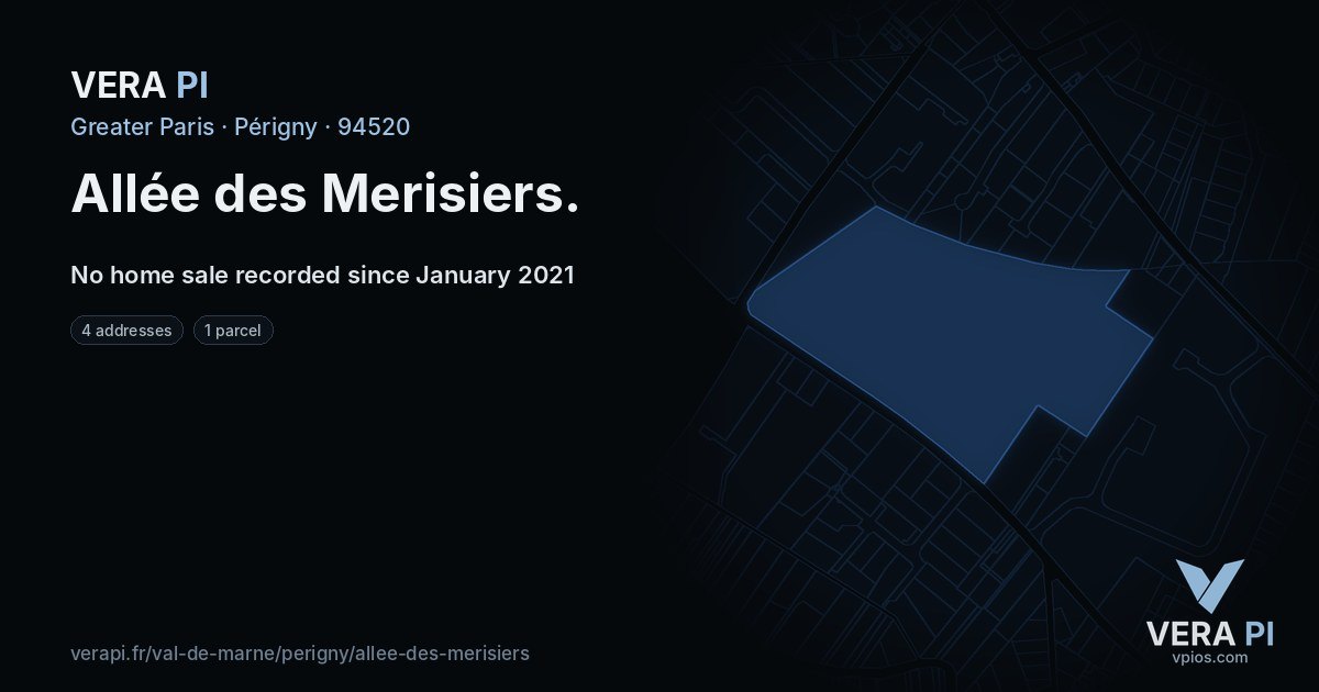 Allée des Merisiers, Périgny at night – every parcel coloured by the prices around it, the street's own parcels lit