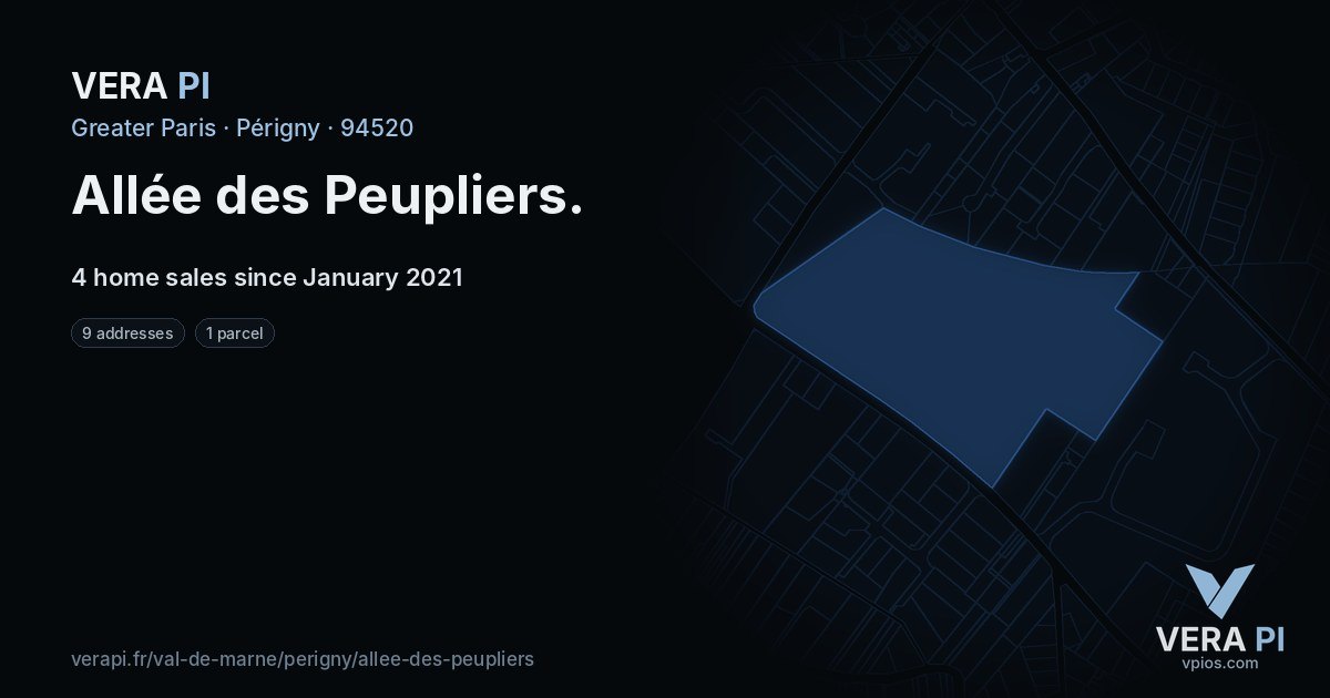 Allée des Peupliers, Périgny at night – every parcel coloured by the prices around it, the street's own parcels lit