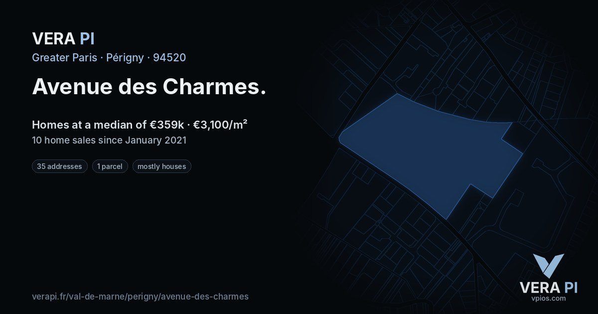 Avenue des Charmes, Périgny at night – every parcel coloured by the prices around it, the street's own parcels lit