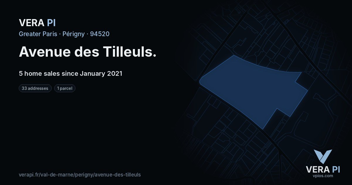 Avenue des Tilleuls, Périgny at night – every parcel coloured by the prices around it, the street's own parcels lit