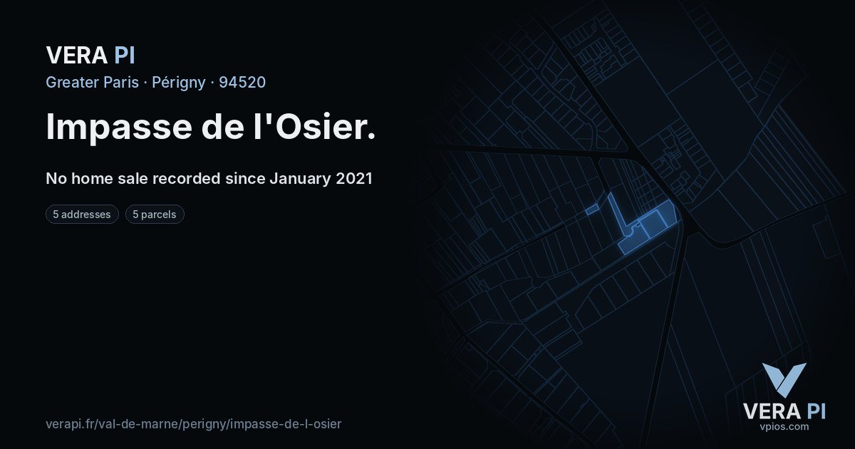 Impasse de l'Osier, Périgny at night – every parcel coloured by the prices around it, the street's own parcels lit