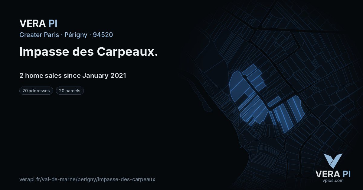 Impasse des Carpeaux, Périgny at night – every parcel coloured by the prices around it, the street's own parcels lit
