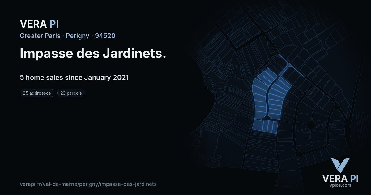 Impasse des Jardinets, Périgny at night – every parcel coloured by the prices around it, the street's own parcels lit