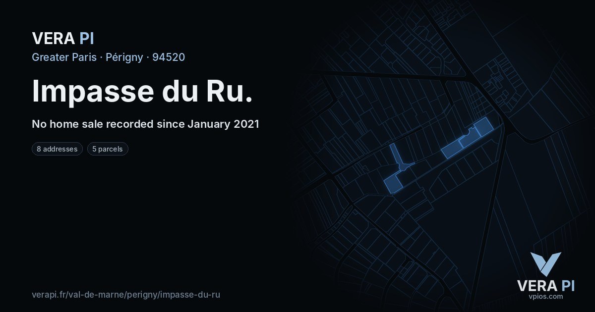 Impasse du Ru, Périgny at night – every parcel coloured by the prices around it, the street's own parcels lit