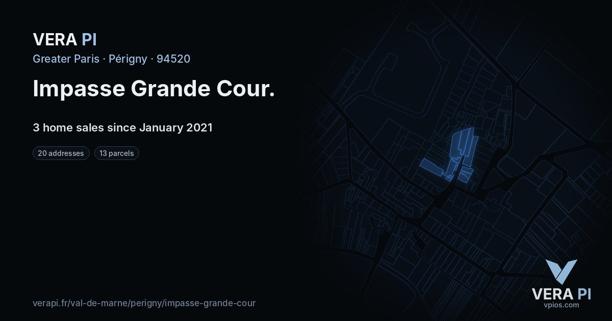 Impasse Grande Cour, Périgny at night – every parcel coloured by the prices around it, the street's own parcels lit