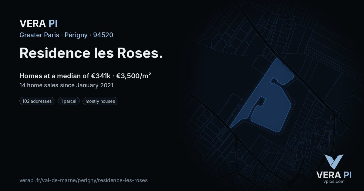 Residence les Roses, Périgny at night – every parcel coloured by the prices around it, the street's own parcels lit