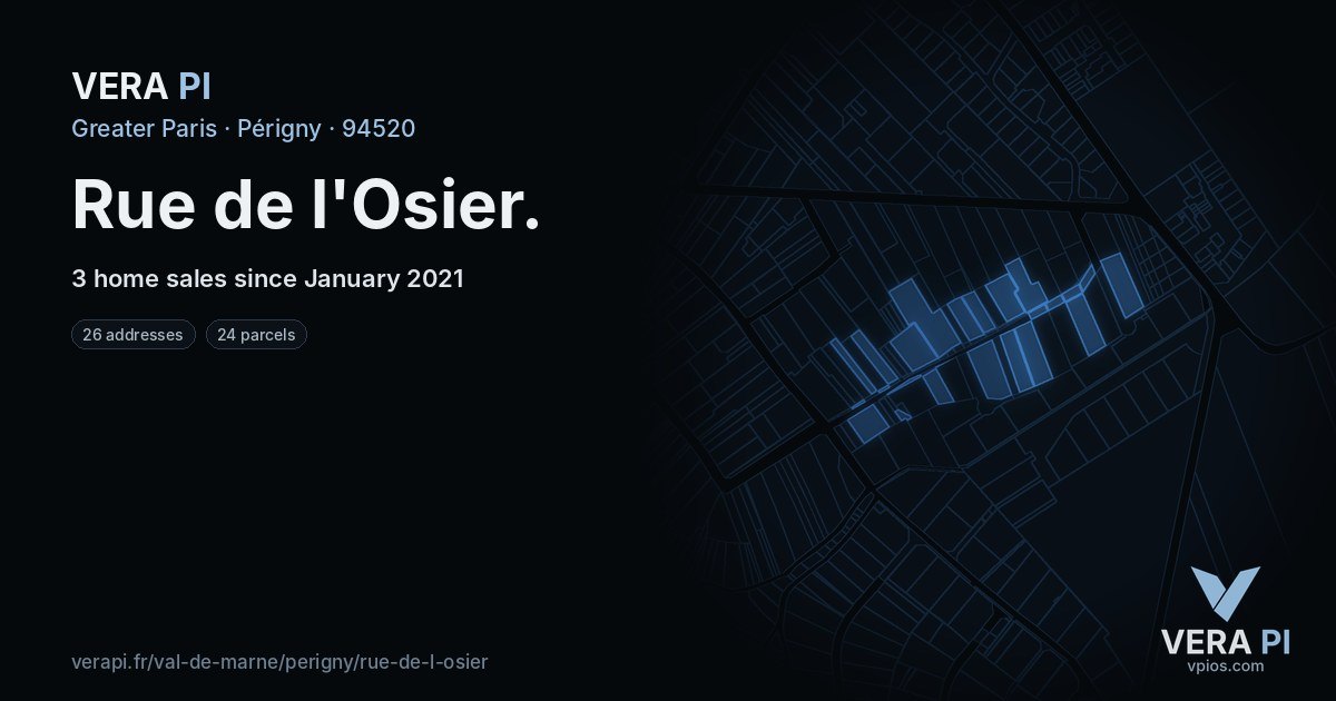 Rue de l'Osier, Périgny at night – every parcel coloured by the prices around it, the street's own parcels lit