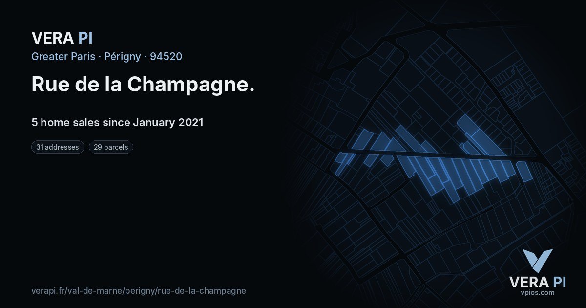 Rue de la Champagne, Périgny at night – every parcel coloured by the prices around it, the street's own parcels lit