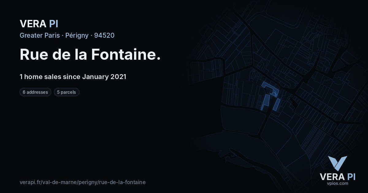 Rue de la Fontaine, Périgny at night – every parcel coloured by the prices around it, the street's own parcels lit