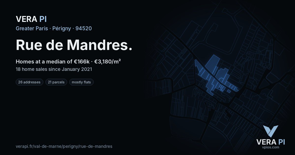 Rue de Mandres, Périgny at night – every parcel coloured by the prices around it, the street's own parcels lit