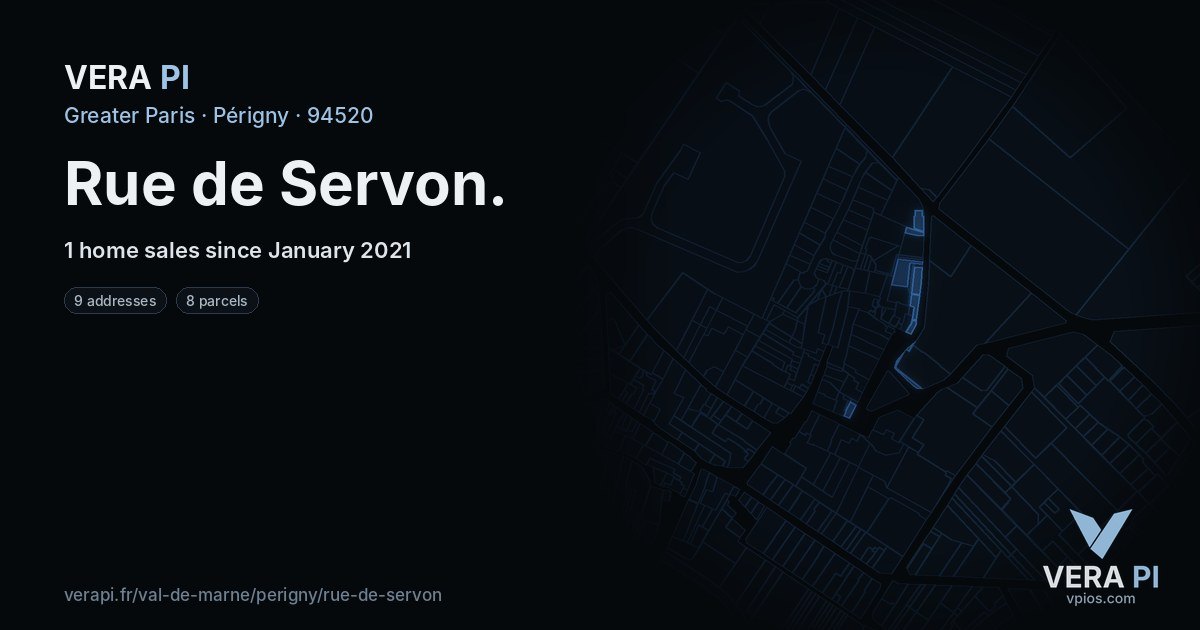 Rue de Servon, Périgny at night – every parcel coloured by the prices around it, the street's own parcels lit