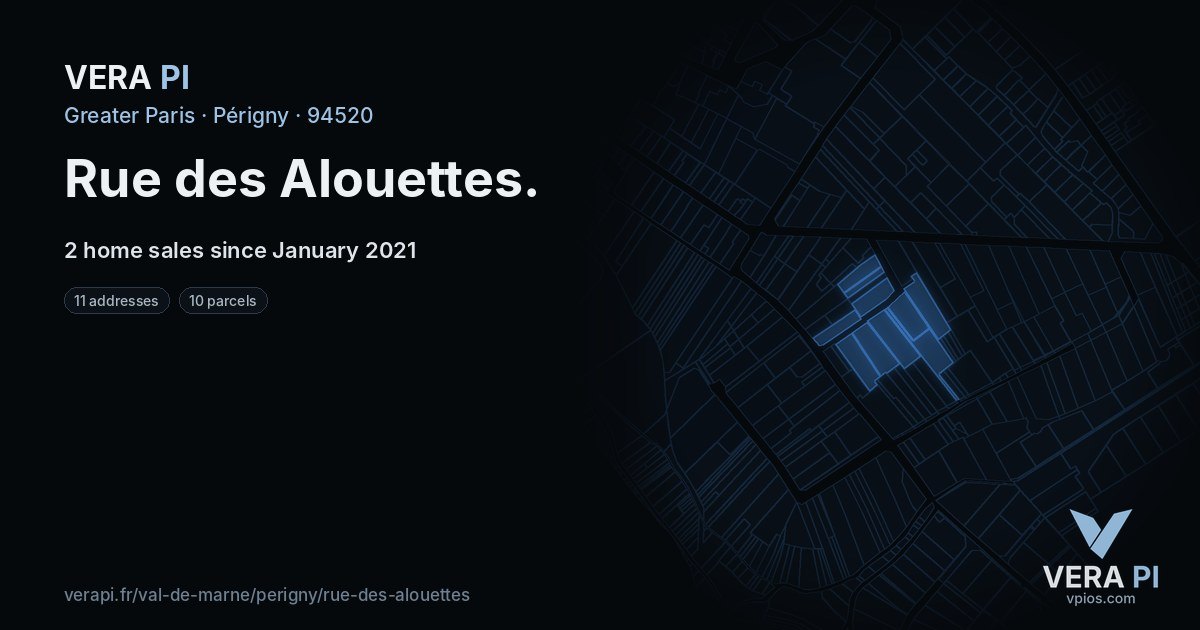 Rue des Alouettes, Périgny at night – every parcel coloured by the prices around it, the street's own parcels lit