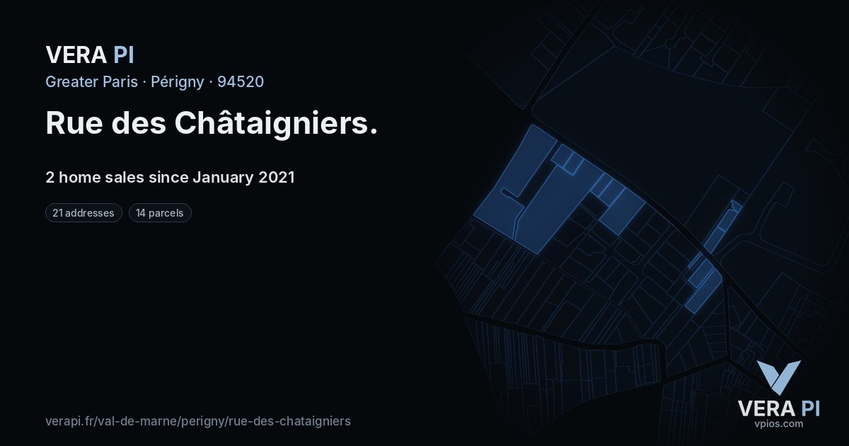 Rue des Châtaigniers, Périgny at night – every parcel coloured by the prices around it, the street's own parcels lit