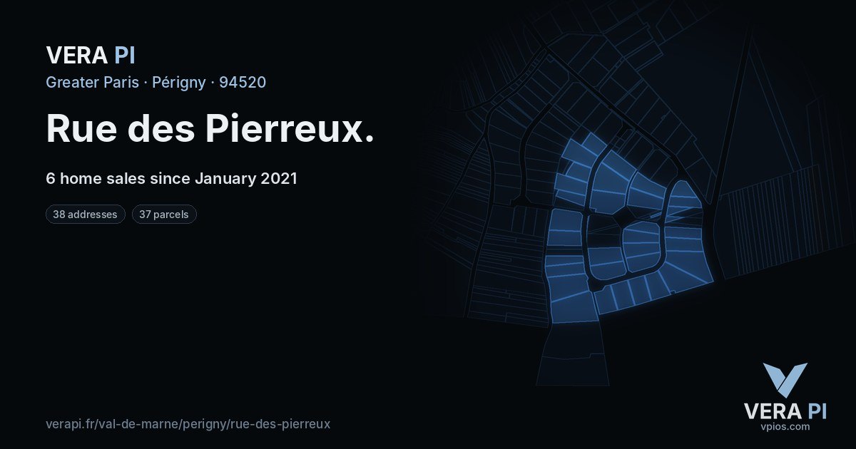 Rue des Pierreux, Périgny at night – every parcel coloured by the prices around it, the street's own parcels lit