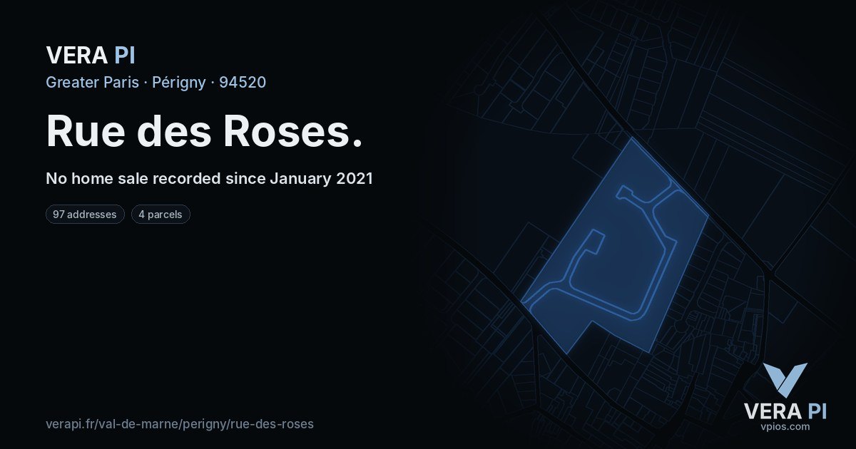 Rue des Roses, Périgny at night – every parcel coloured by the prices around it, the street's own parcels lit