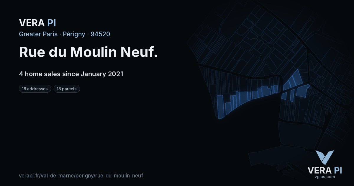 Rue du Moulin Neuf, Périgny at night – every parcel coloured by the prices around it, the street's own parcels lit