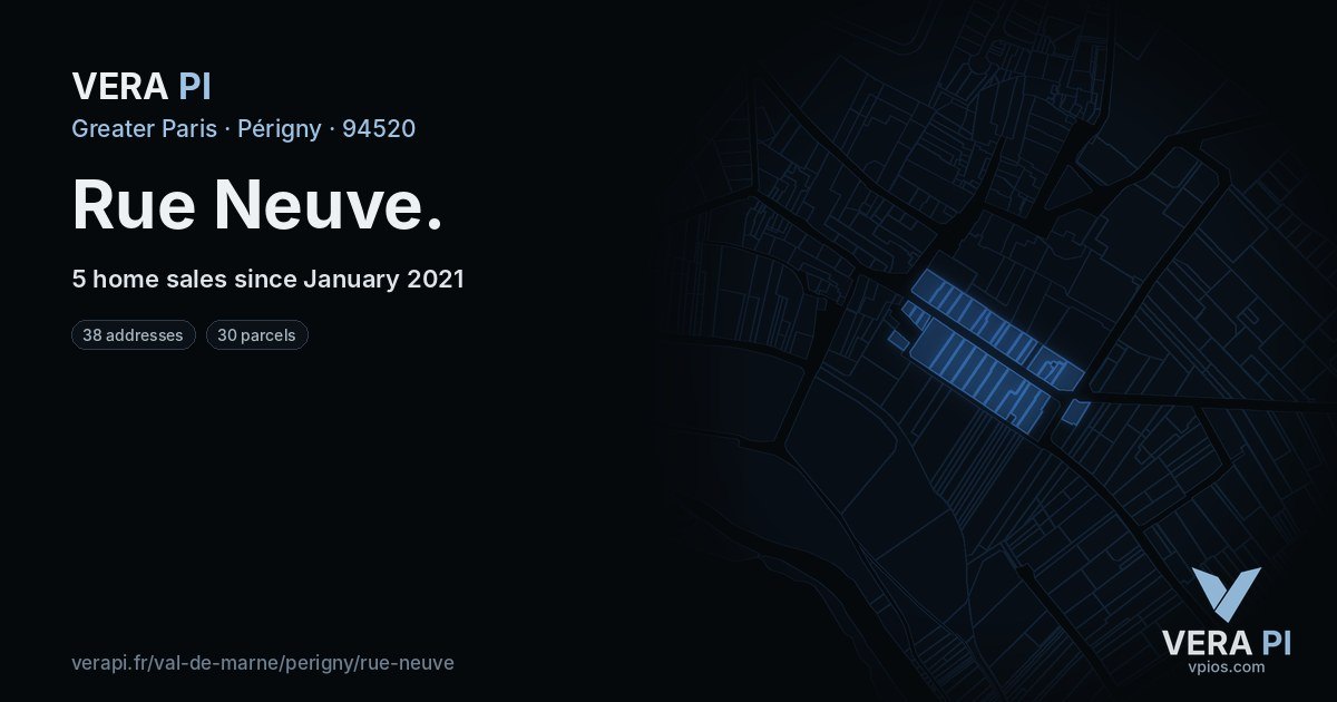 Rue Neuve, Périgny at night – every parcel coloured by the prices around it, the street's own parcels lit