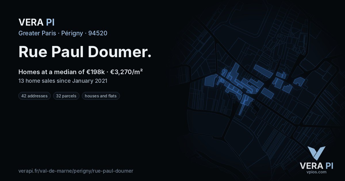 Rue Paul Doumer, Périgny at night – every parcel coloured by the prices around it, the street's own parcels lit