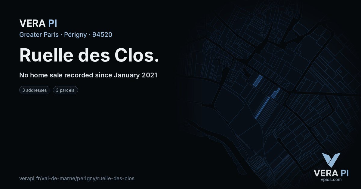 Ruelle des Clos, Périgny at night – every parcel coloured by the prices around it, the street's own parcels lit