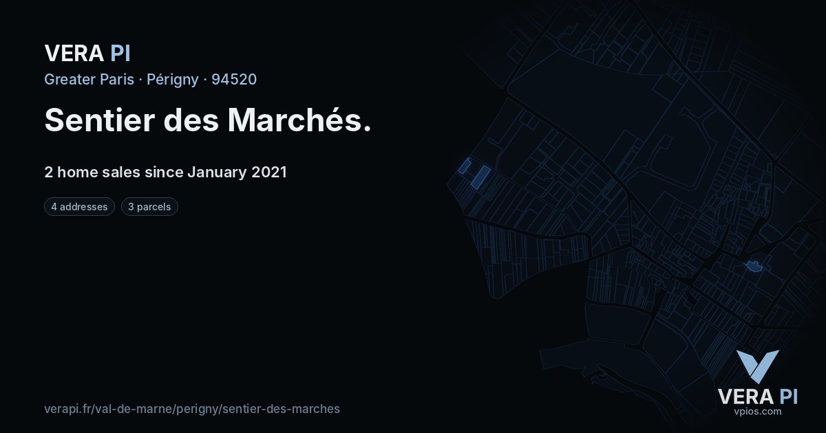 Sentier des Marchés, Périgny at night – every parcel coloured by the prices around it, the street's own parcels lit