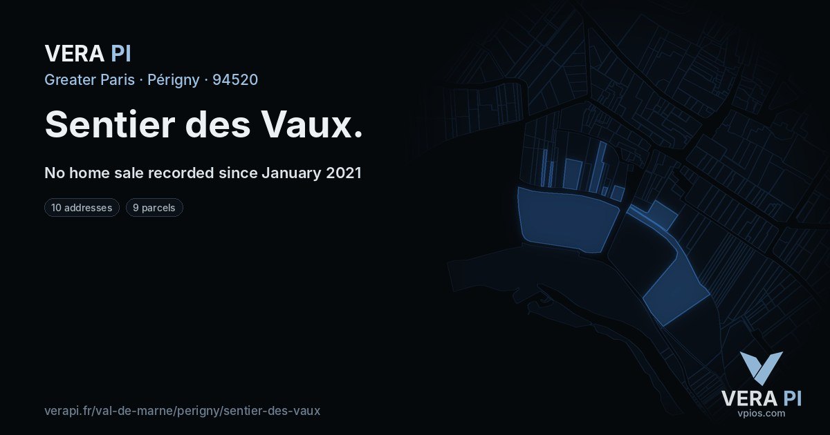 Sentier des Vaux, Périgny at night – every parcel coloured by the prices around it, the street's own parcels lit